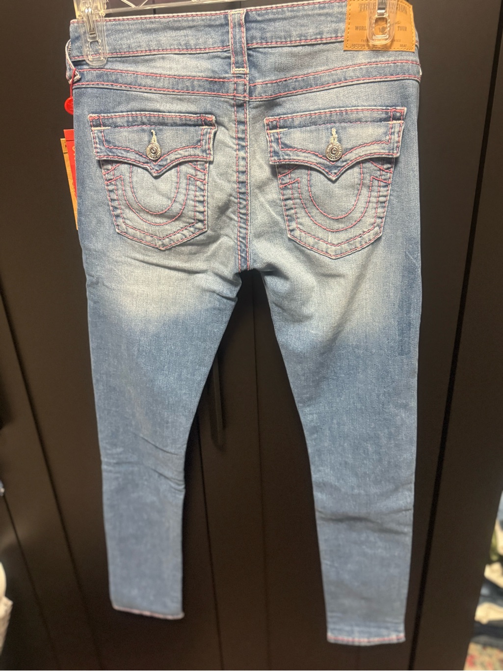 True Religion Light Blue Skinny Jeans With Pink Topstitching